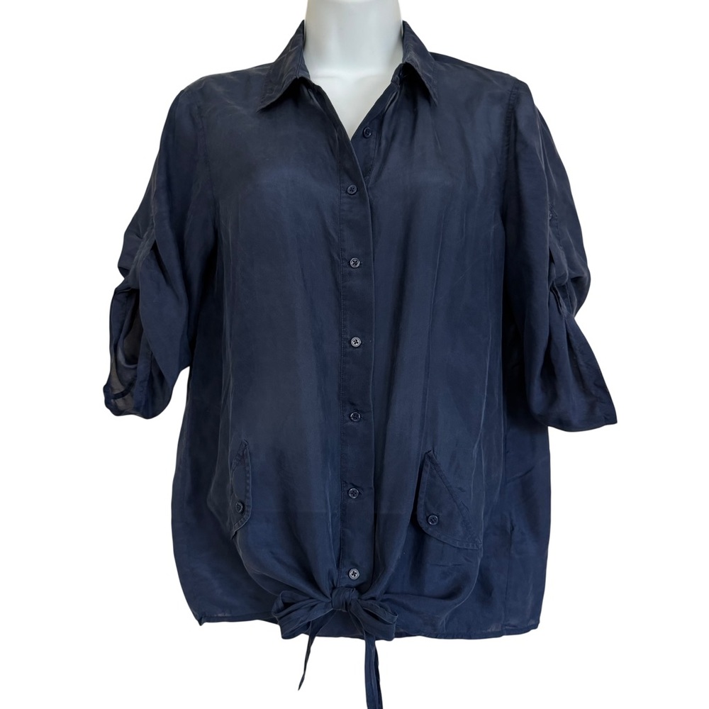 Massimo Dutti Navy Blue Silk Button Up Tie Front Blouse Size 4 Spring Summer
